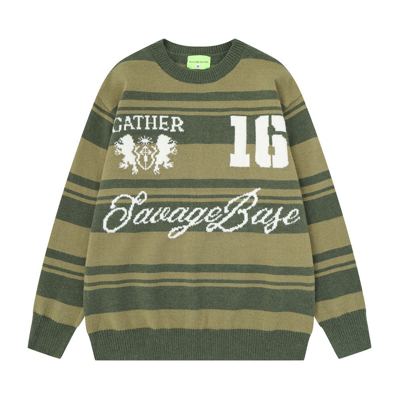 Gestreifter Jacquard-Strickpullover – Gather 16 SavageBase-Print, Relaxed Rundhalsausschnitt