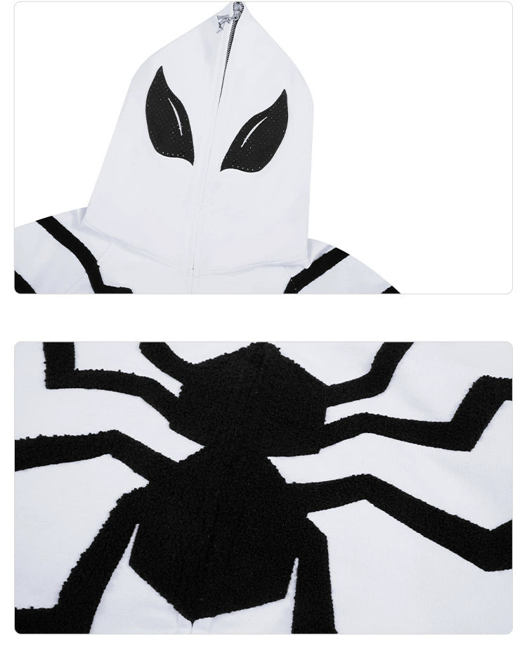 The Seakoff Venom-Inspired White Hoodie features a striking spider emblem. The top image displays the hood with eye-like shapes, while the bottom showcases the iconic spider symbol on the back. It&