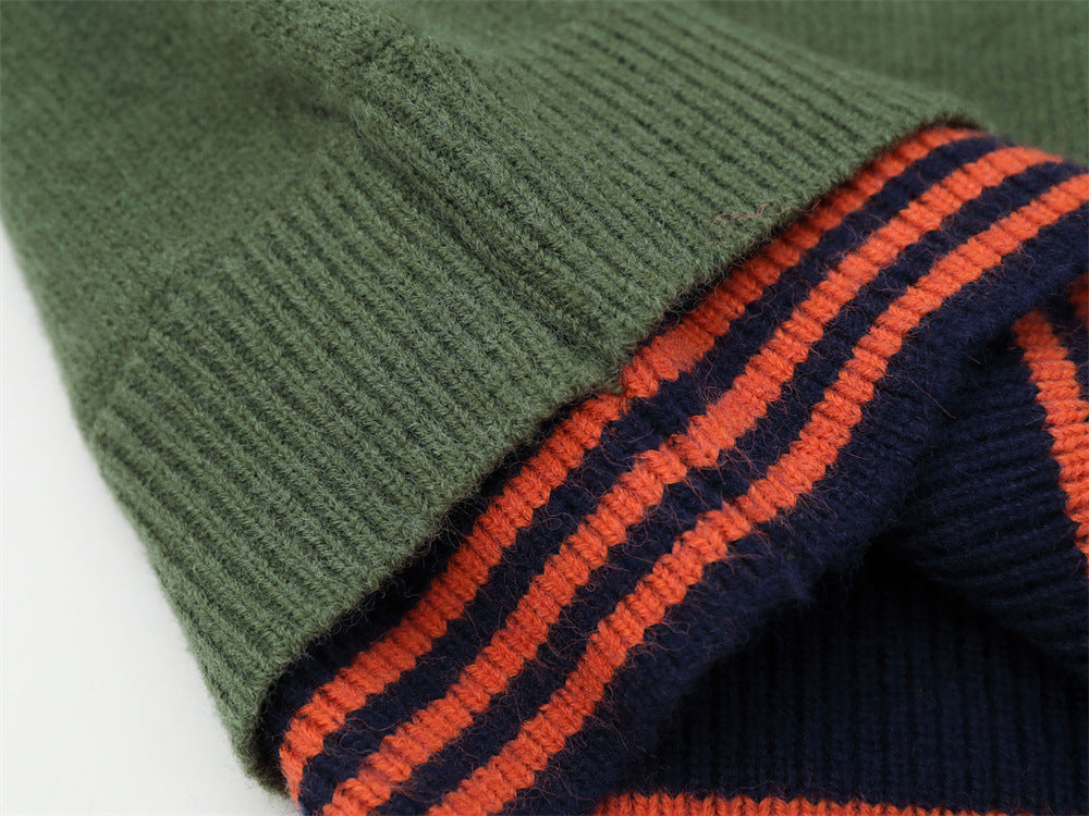 Mens Crew Neck Sweater with Faux Sailor Shawl Striped Knit Pullover