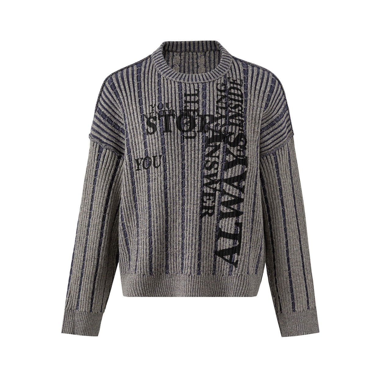 Grey and navy vertical stripe ribbed knit crew neck sweater with bold letter print on the front