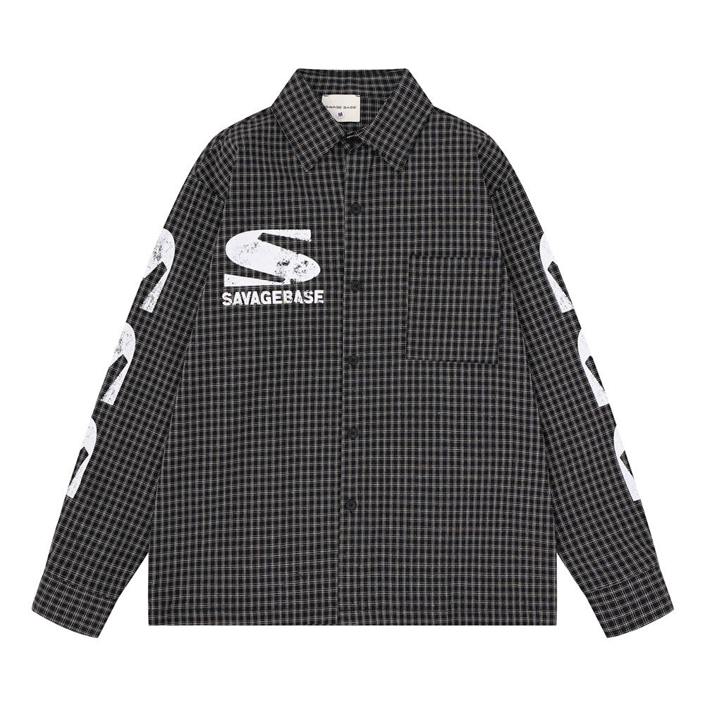 Men's Oversized Plaid Graphic Button-Up Shirt – Vintage Distressed Print Long