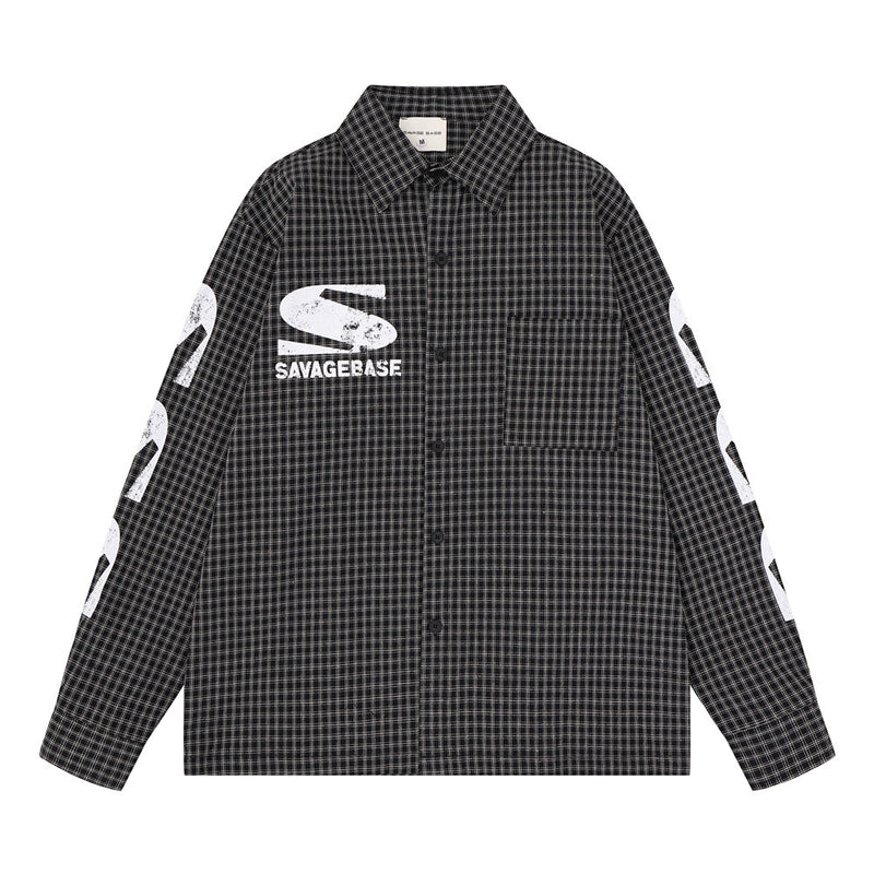 Men's Oversized Plaid Graphic Button-Up Shirt – Vintage Distressed Print Long