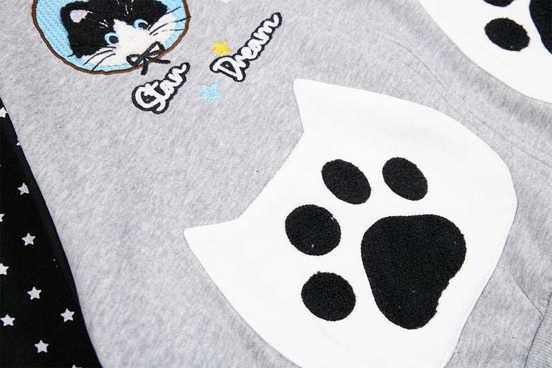 Hoodie zippé à oreilles de chat avec manches raglan étoilées et poches-pattes