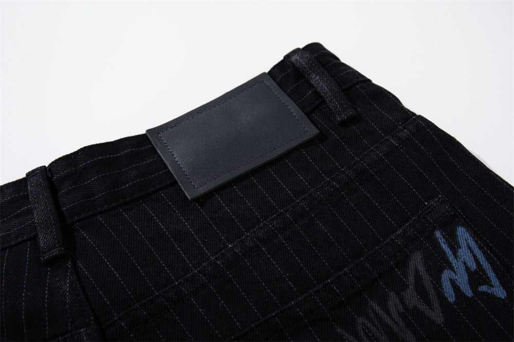 Graffiti Print Pinstripe Wide-Leg Jeans – Relaxed Straight Fit