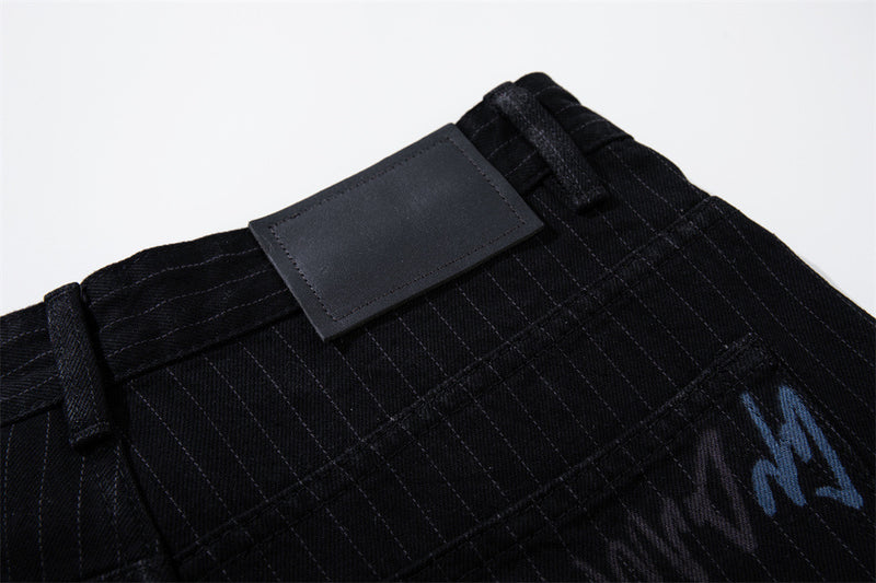 Graffiti Print Pinstripe Wide-Leg Jeans – Relaxed Straight Fit