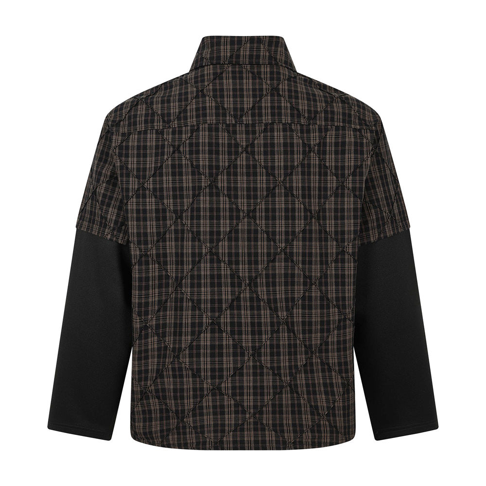 Quilted Plaid Layered-Sleeve Shirt Jacket with Graphic Print