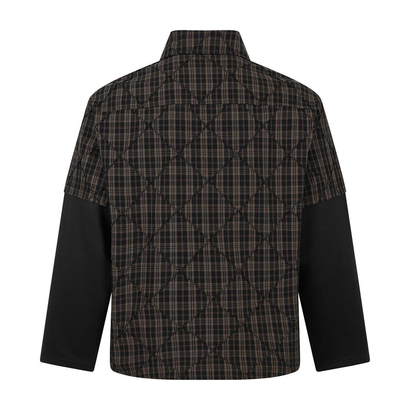 Quilted Plaid Layered-Sleeve Shirt Jacket with Graphic Print