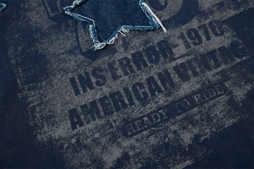 Vintage navy raglan T-shirt with distressed star patch and faded American graphic print on the chest