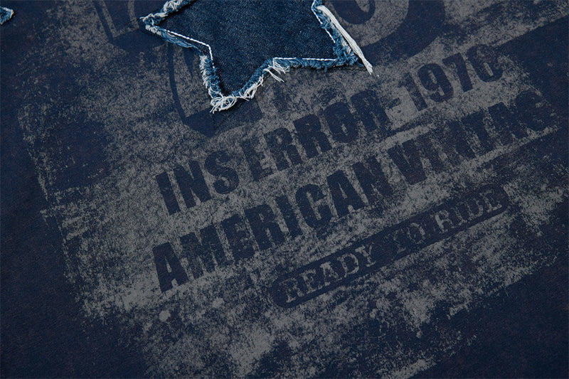 Vintage navy raglan T-shirt with distressed star patch and faded American graphic print on the chest