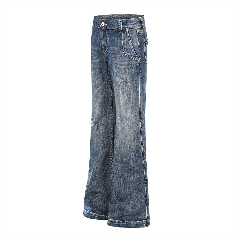 Punk Washed Distressed Flare Jeans – Men's Wide-Leg Denim with Paint Splatter &