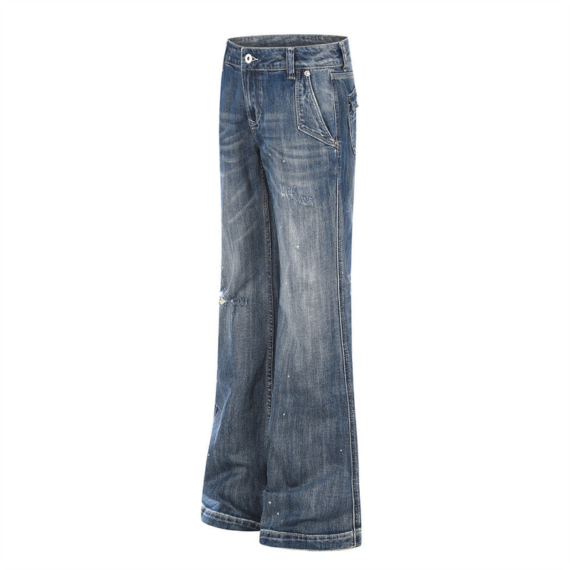 Punk Washed Distressed Flare Jeans – Men's Wide-Leg Denim with Paint Splatter &