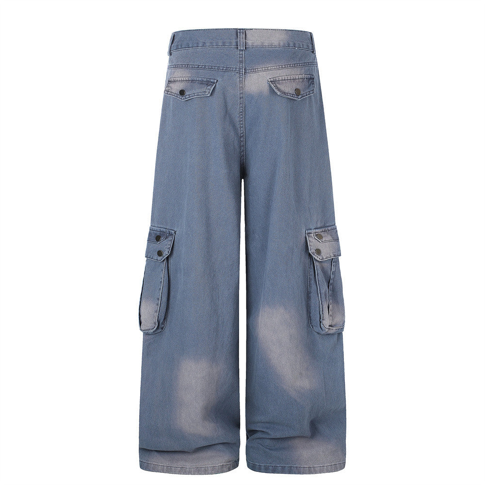 Wide-Leg Cargo Pants – Washed Denim Multi-Pocket Straight-Cut Trousers