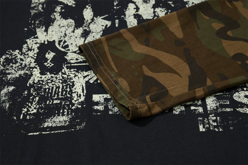 Faux Two-Piece Layered Long Sleeve Graphic Tee – Acid Wash & Camo Print