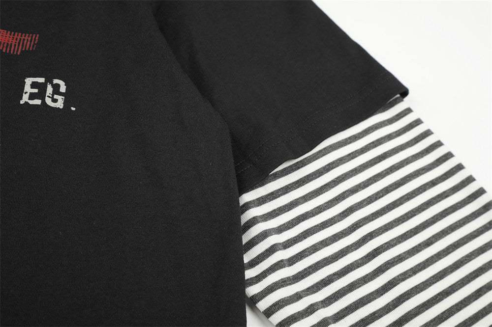 Faux-Layered Graphic Long Sleeve Tee with Black & White Striped Sleeves