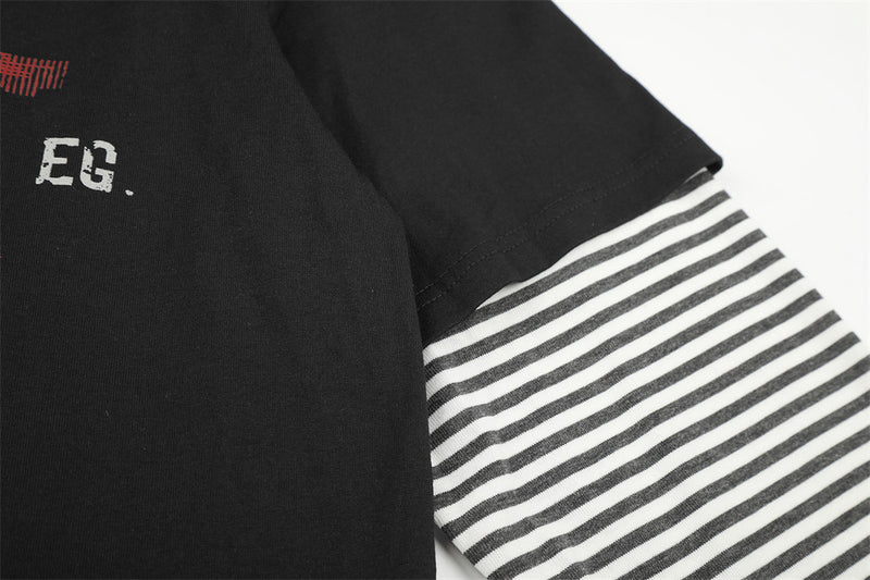 Faux-Layered Graphic Long Sleeve Tee with Black & White Striped Sleeves