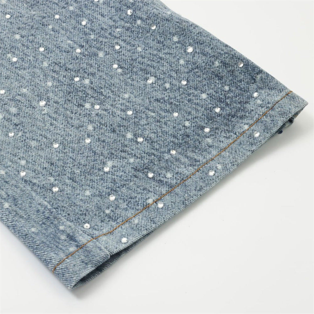 Y2K Baggy Jeans Mens Wide-Leg Rhinestone Embellished Denim Pants