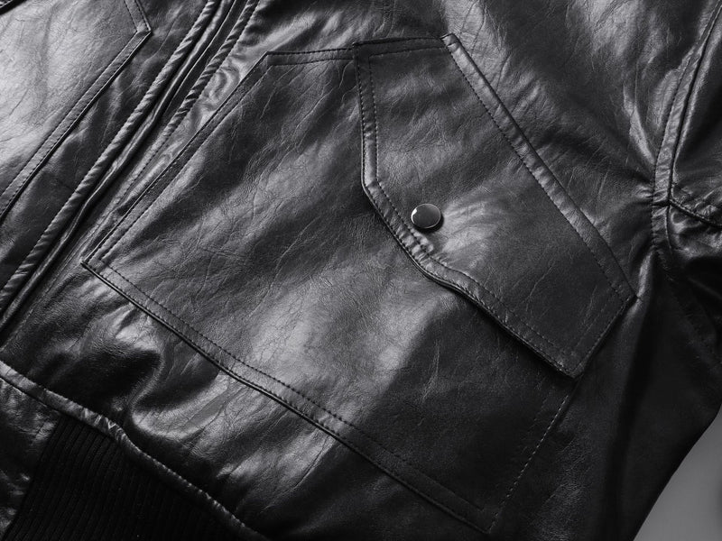 Black Faux Leather Bomber Jacket with Ruched Sleeves & Cargo Pockets