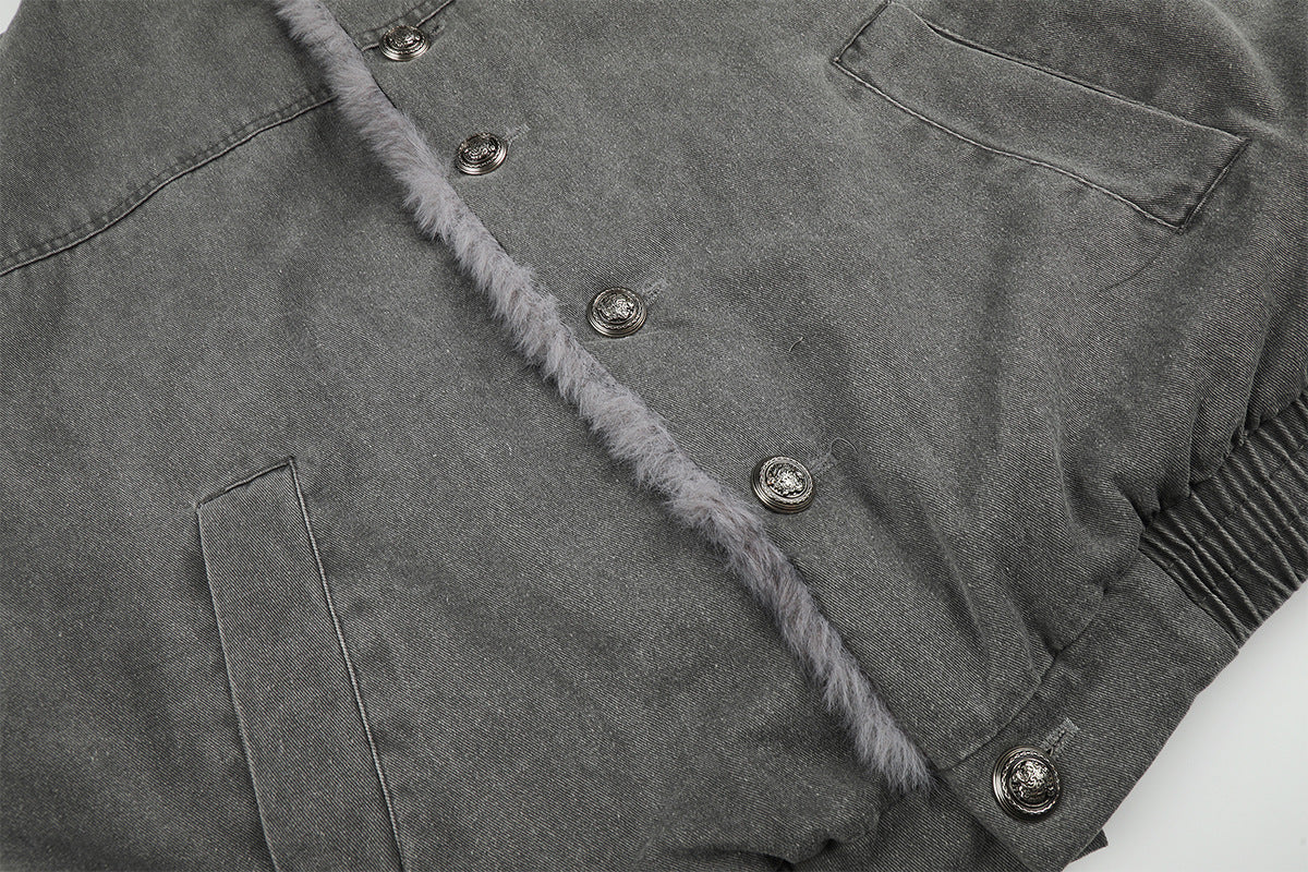 Washed Grey Denim Bomber Jacket with Faux Fur Collar Lining
