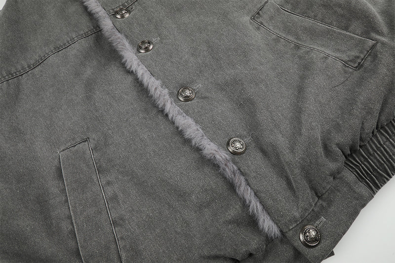 Washed Grey Denim Bomber Jacket with Faux Fur Collar Lining