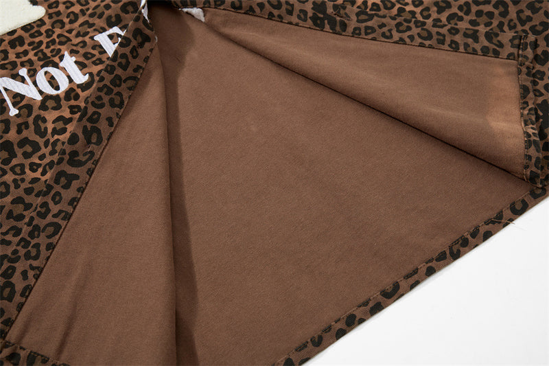 Leopard Print Short Sleeve Shirt with Heart Flocking Patch – Oversized Hip Hop B