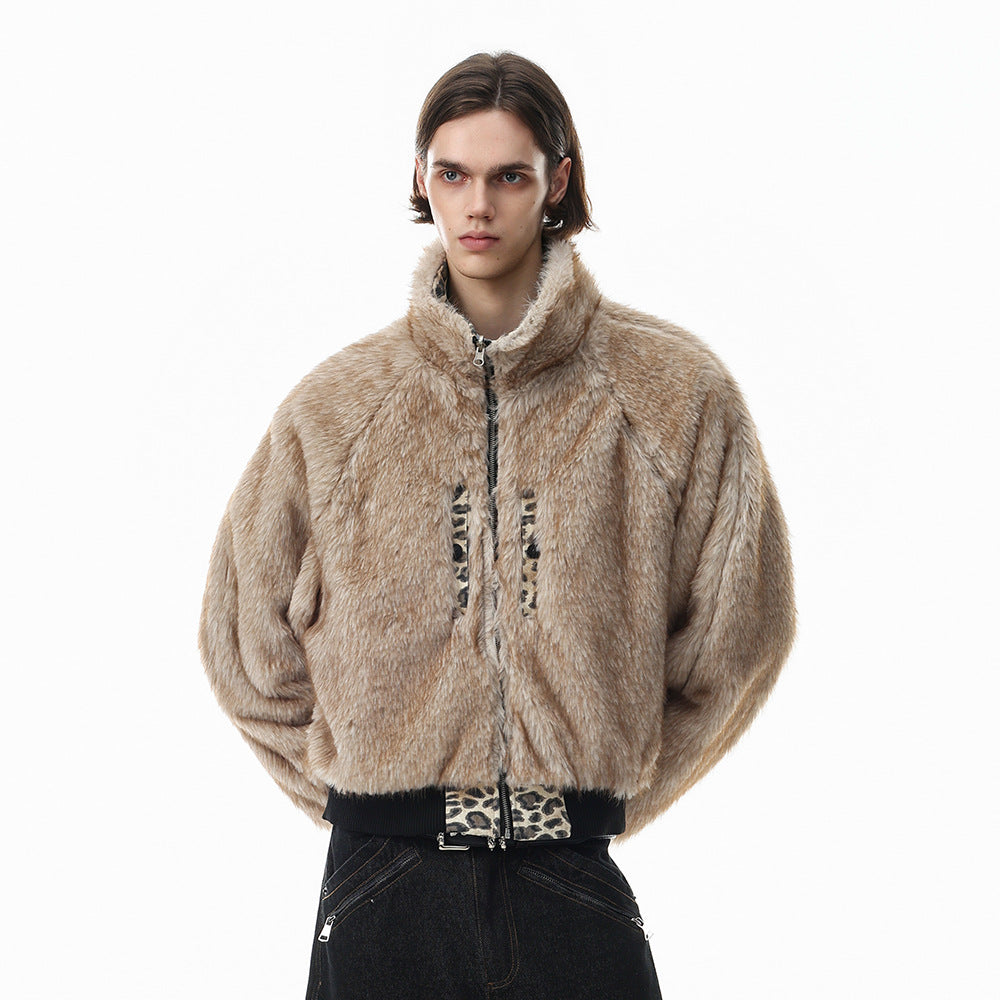 Reversible Faux Fur Leopard Print Bomber Jacket – Men's Oversized Stand Collar