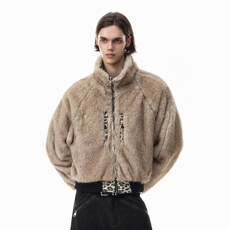 Reversible Faux Fur Leopard Print Bomber Jacket – Men's Oversized Stand Collar