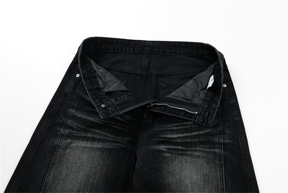 Men's Black Baggy Wide-Leg Jeans – Washed Distressed Curved Silhouette