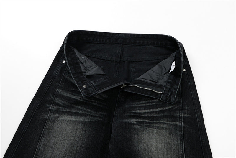 Men's Black Baggy Wide-Leg Jeans – Washed Distressed Curved Silhouette