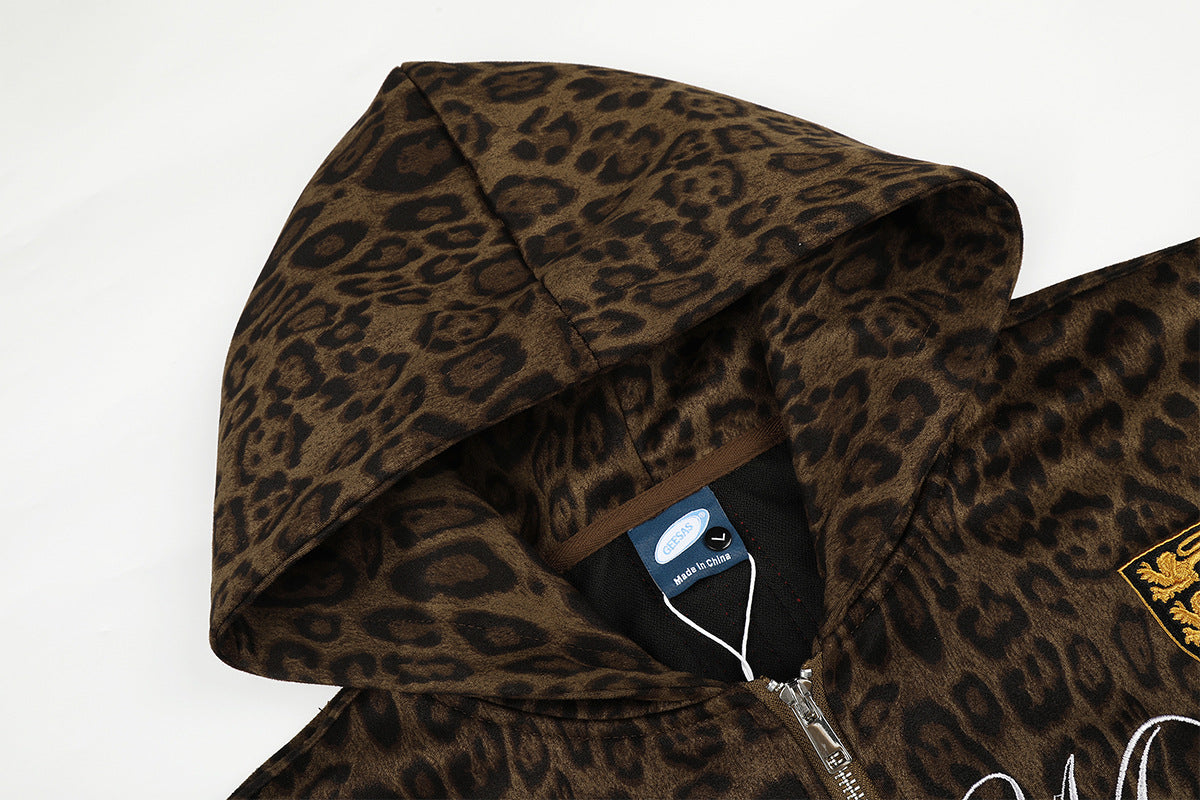 Leoparden-Hoodie mit Reißverschluss und Design – bestickte Varsity-Streetwear-Jacke