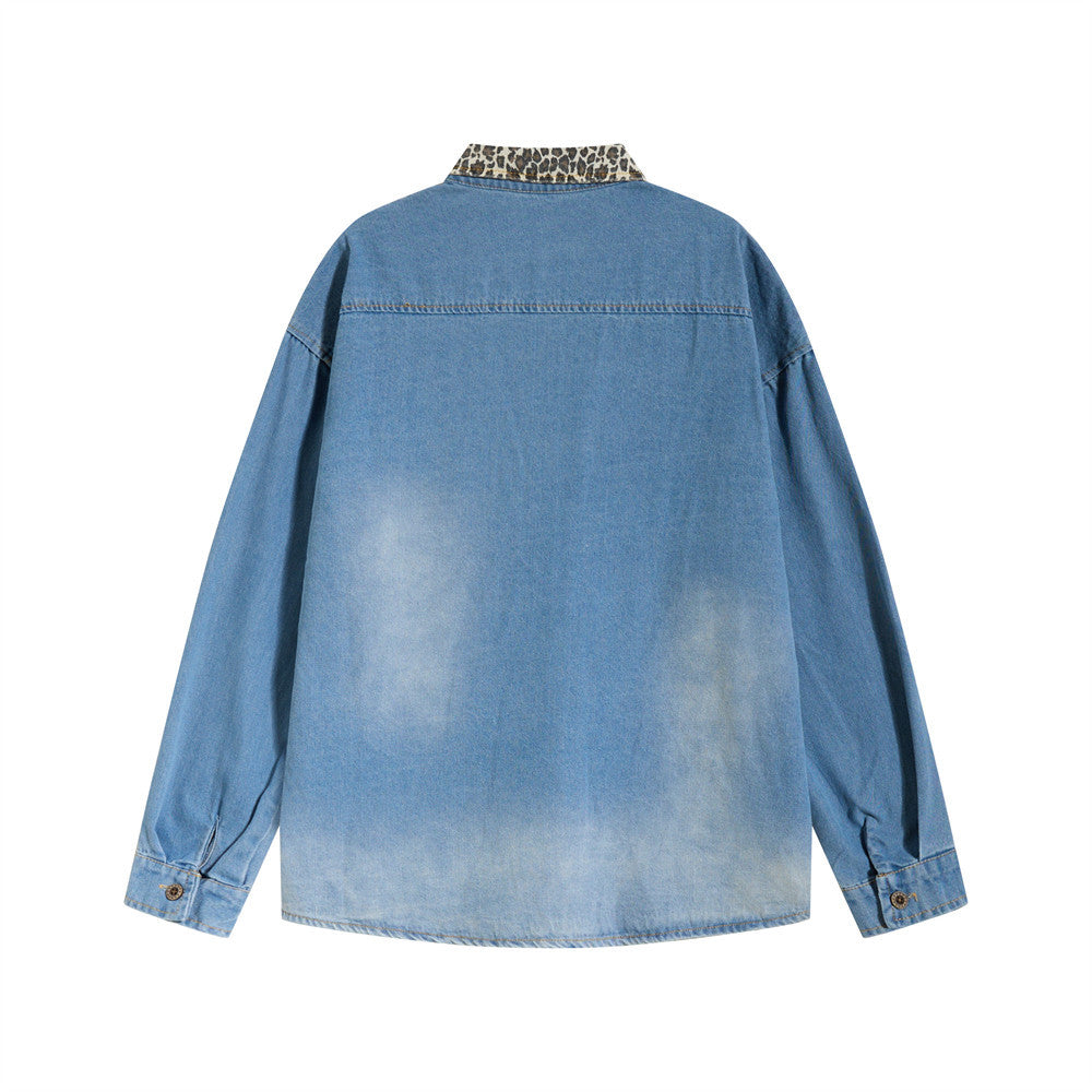 Denim Shirt Men's Long Sleeve Cross Patch Embroidery Leopard Collar Oversized