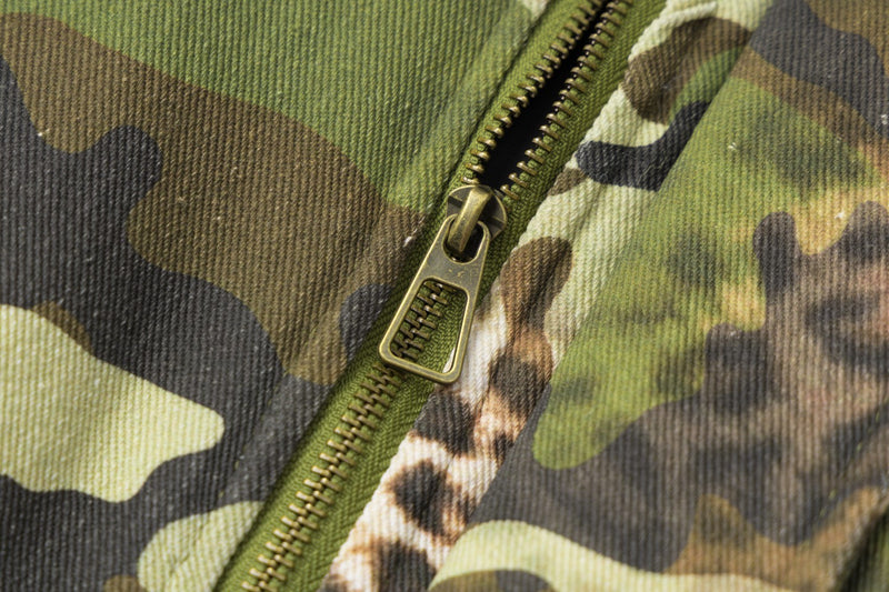 Camo Leopard Print Bomber Jacket with Faux Fur Hood