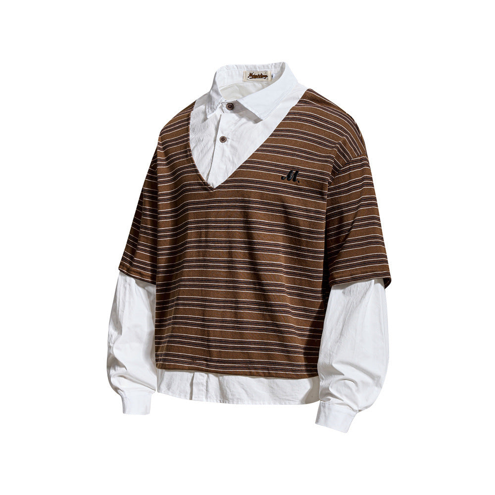 Striped Faux Two-Piece Polo Collar Long Sleeve T-Shirt
