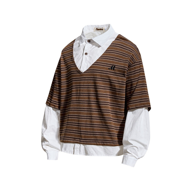 Striped Faux Two-Piece Polo Collar Long Sleeve T-Shirt