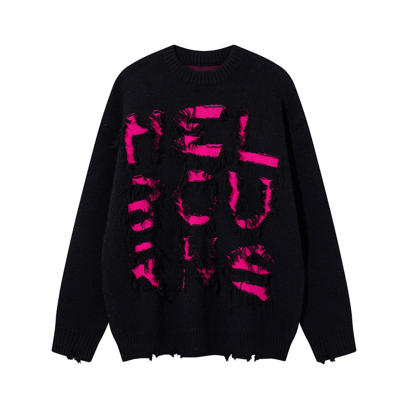 Melbourne Distressed Fringe Knit Sweater – Oversized Streetwear Crewneck