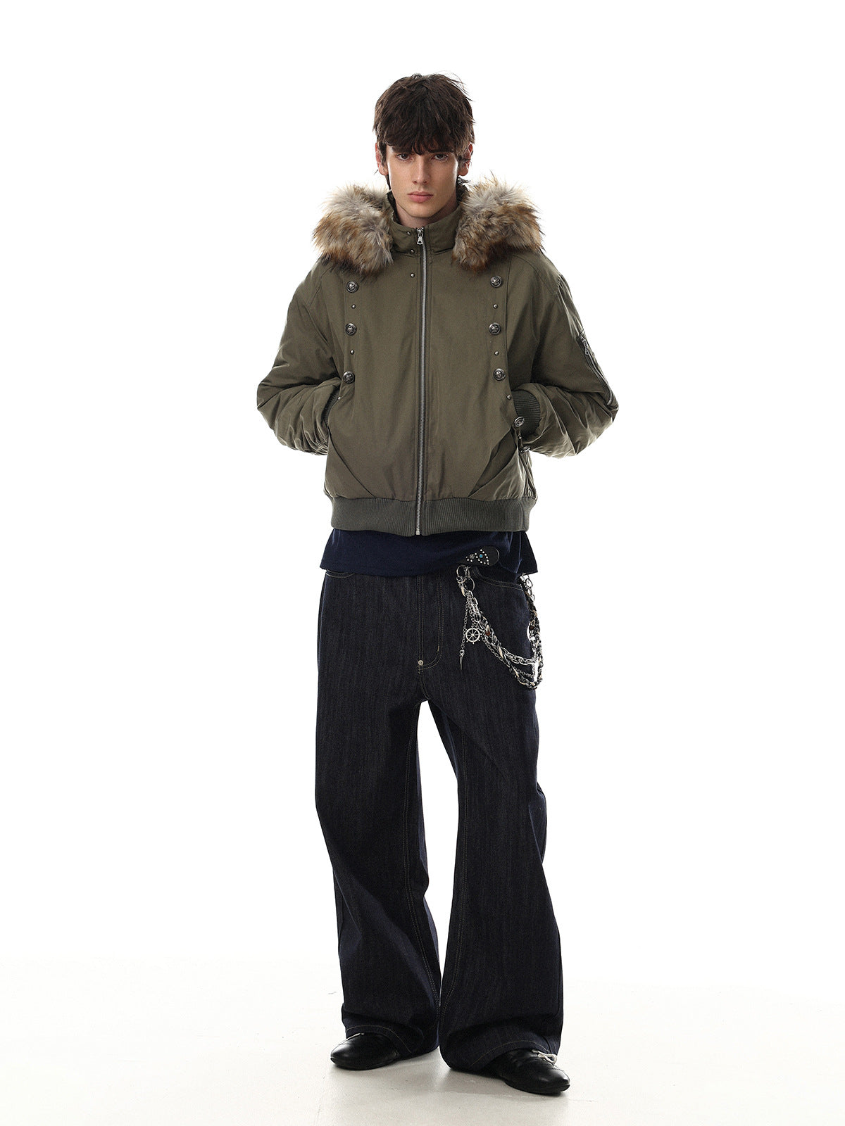 Fur-Trim Hood Bomber Jacket – Padded Winter Flight Coat with Double-Breasted