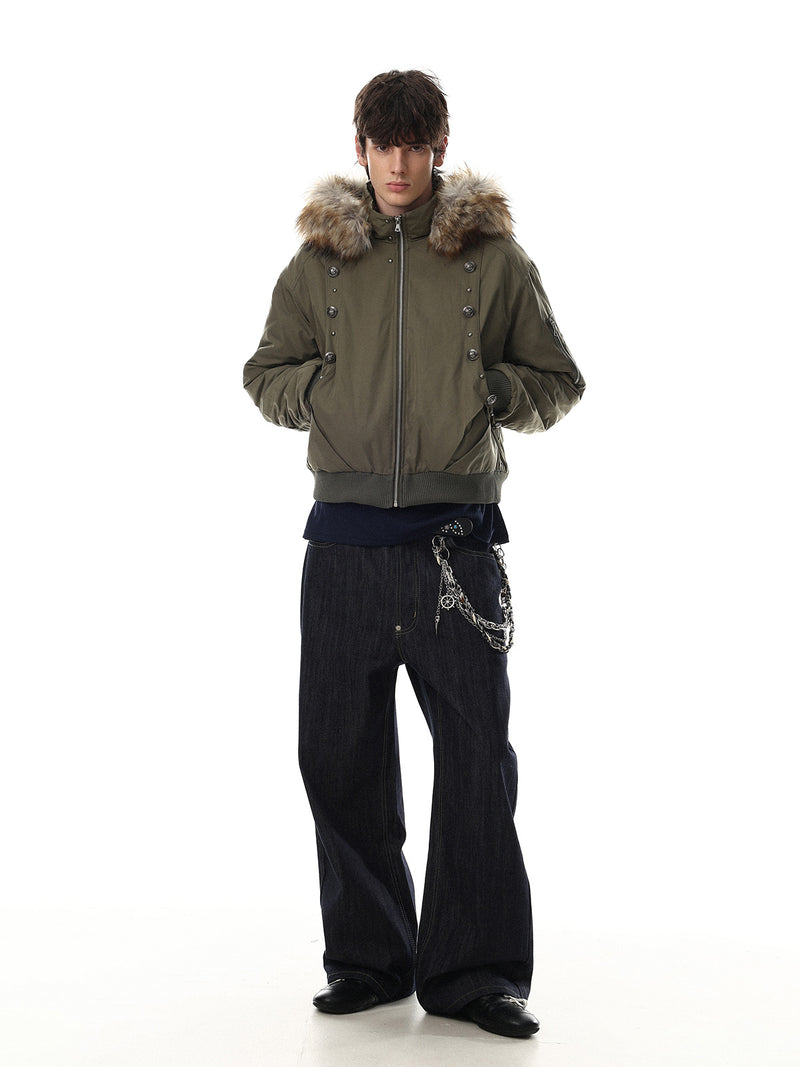 Fur-Trim Hood Bomber Jacket – Padded Winter Flight Coat with Double-Breasted