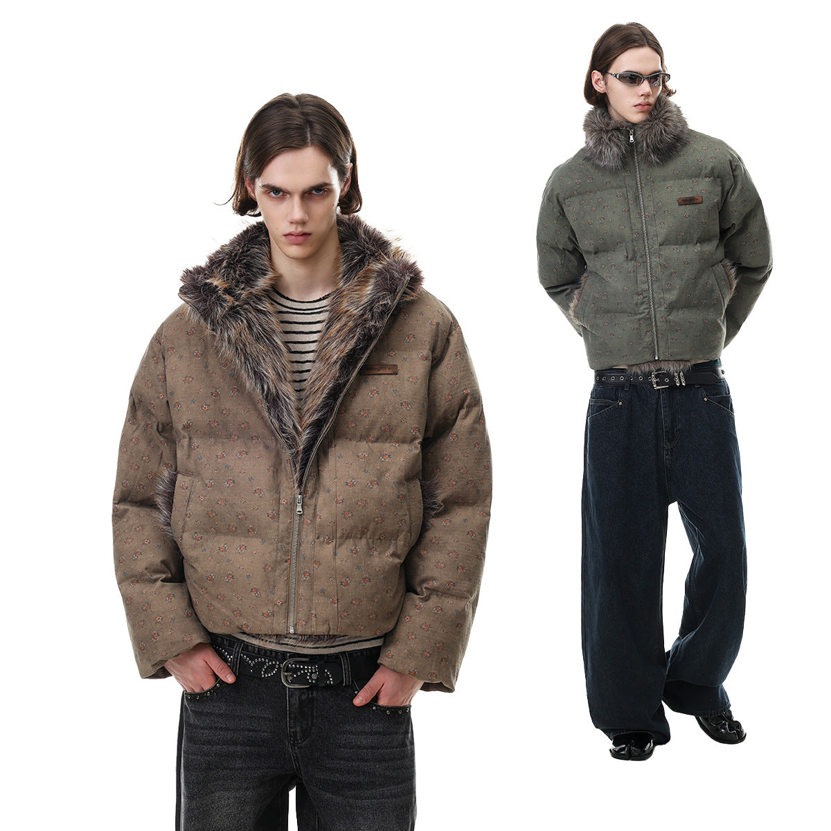 Floral Print Puffer Jacket with Faux Fur Collar – Cropped Fit Men's Winter Coat