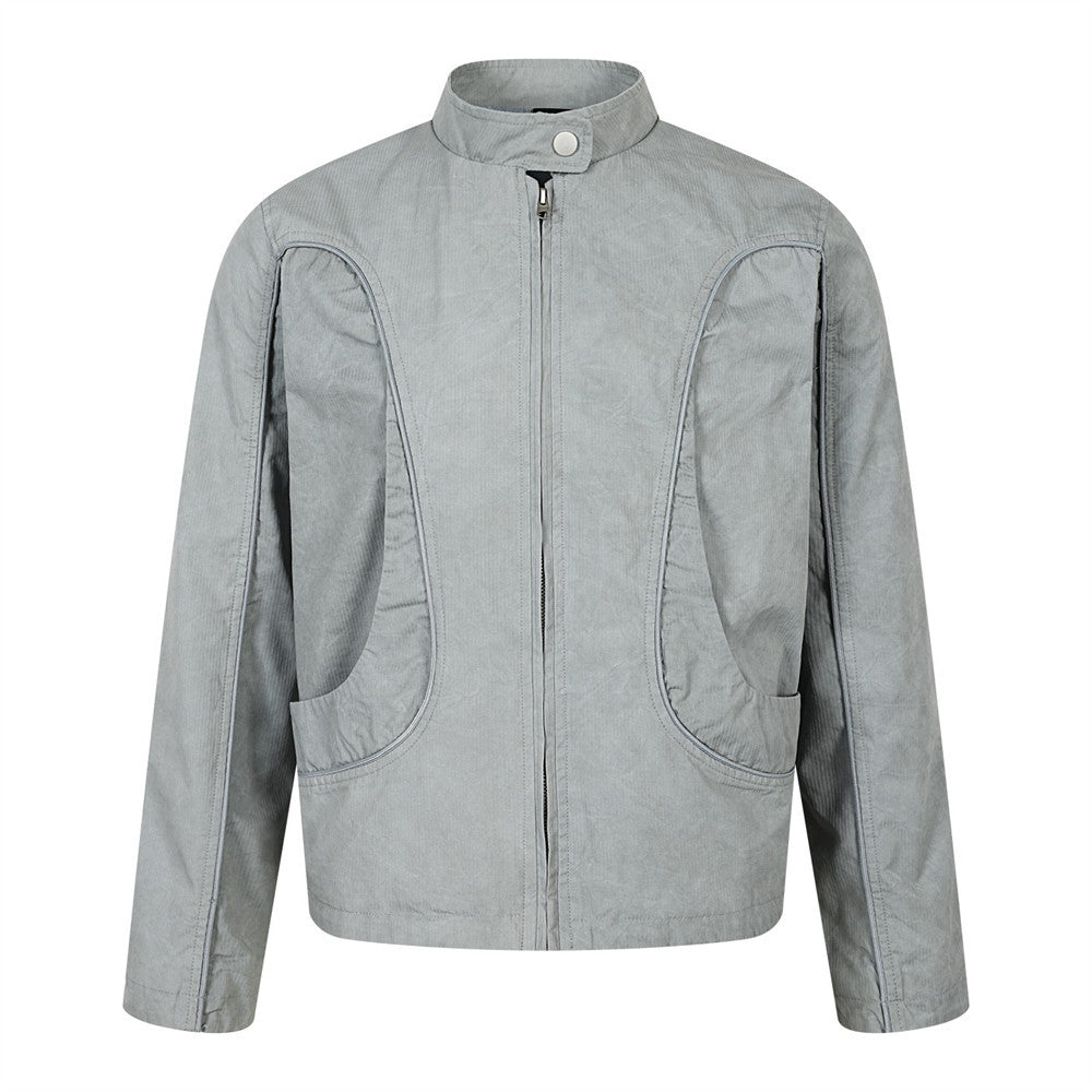 Men's oversized light mint corduroy stand collar zip jacket with curved seam detailing and large front pockets, front and bac