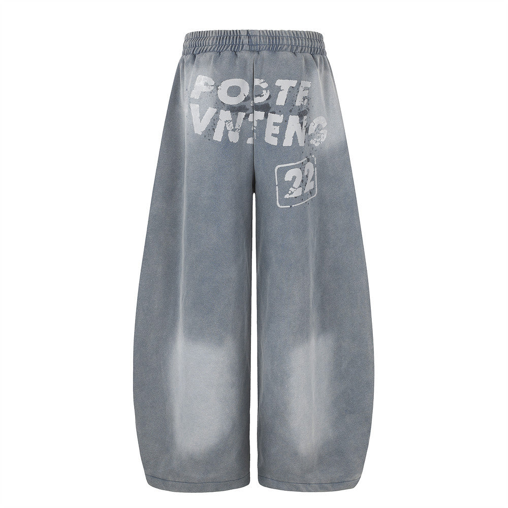 Wide-Leg Sweatpants with Acid Wash Finish and Letter Print