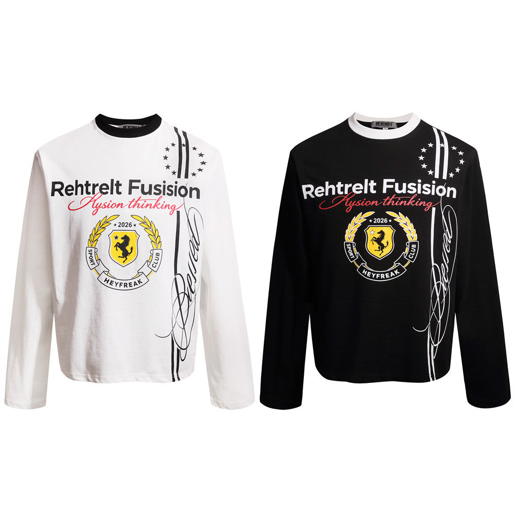 Men's Graphic Long-Sleeve T-Shirt – Varsity Crest & Letter Print, Crew Neck