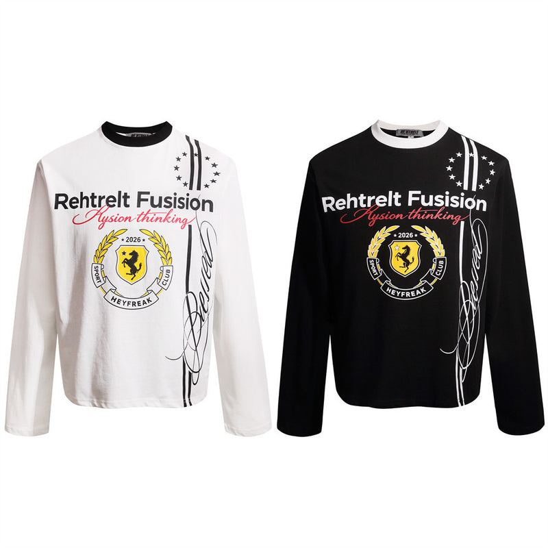 Men's Graphic Long-Sleeve T-Shirt – Varsity Crest & Letter Print, Crew Neck