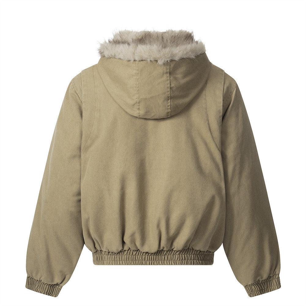 Faux Mink Fur-Trimmed Hooded Padded Jacket – Washed Canvas Bomber