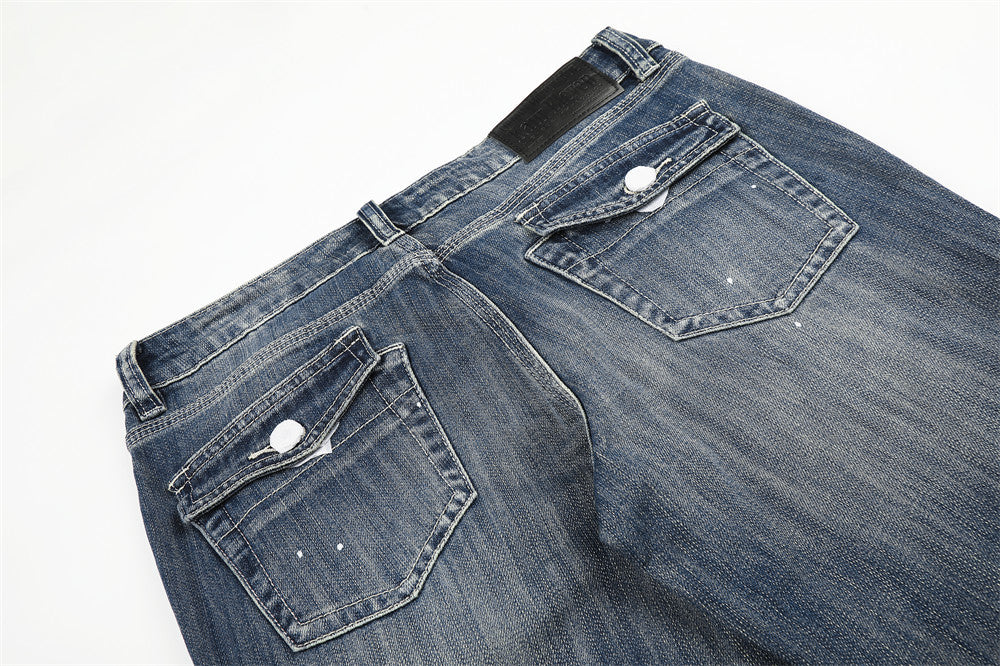 Punk Washed Distressed Flare Jeans – Men's Wide-Leg Denim with Paint Splatter &