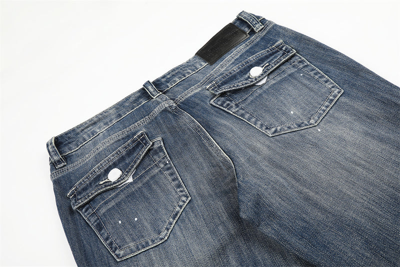 Punk Washed Distressed Flare Jeans – Men's Wide-Leg Denim with Paint Splatter &