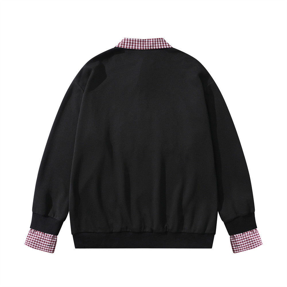 Plaid Collar Cat Embroidery Sweatshirt – Faux Two-Piece Button Polo Men's Top