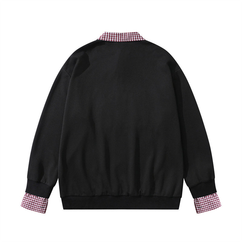 Plaid Collar Cat Embroidery Sweatshirt – Faux Two-Piece Button Polo Men's Top