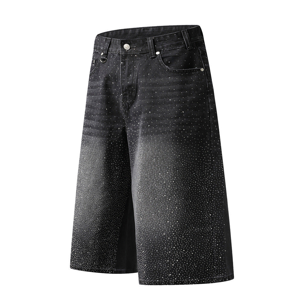 Wide-Leg Rhinestone Denim Shorts – Vintage Washed Straight-Cut Bermuda