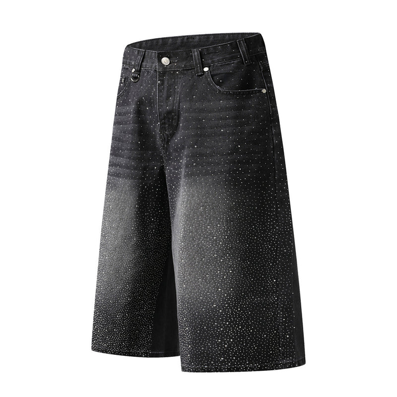 Wide-Leg Rhinestone Denim Shorts – Vintage Washed Straight-Cut Bermuda