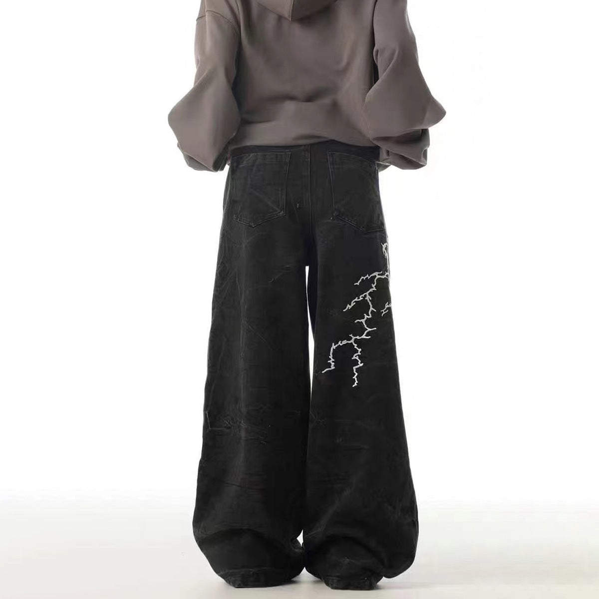 Jean baggy noir homme – Denim large brodé d'éclairs