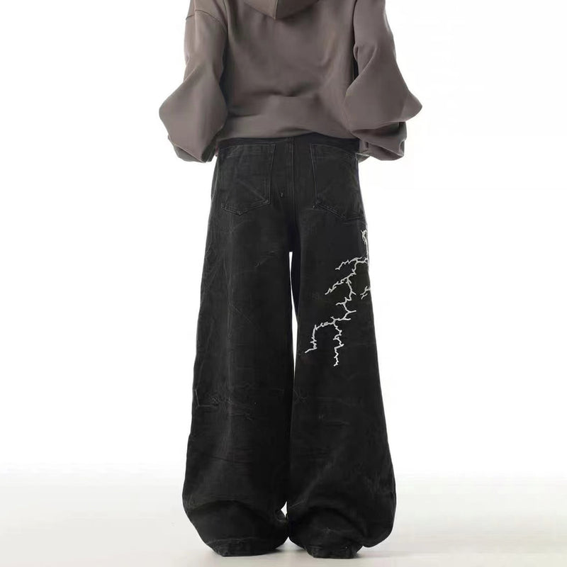 Jean baggy noir homme – Denim large brodé d'éclairs